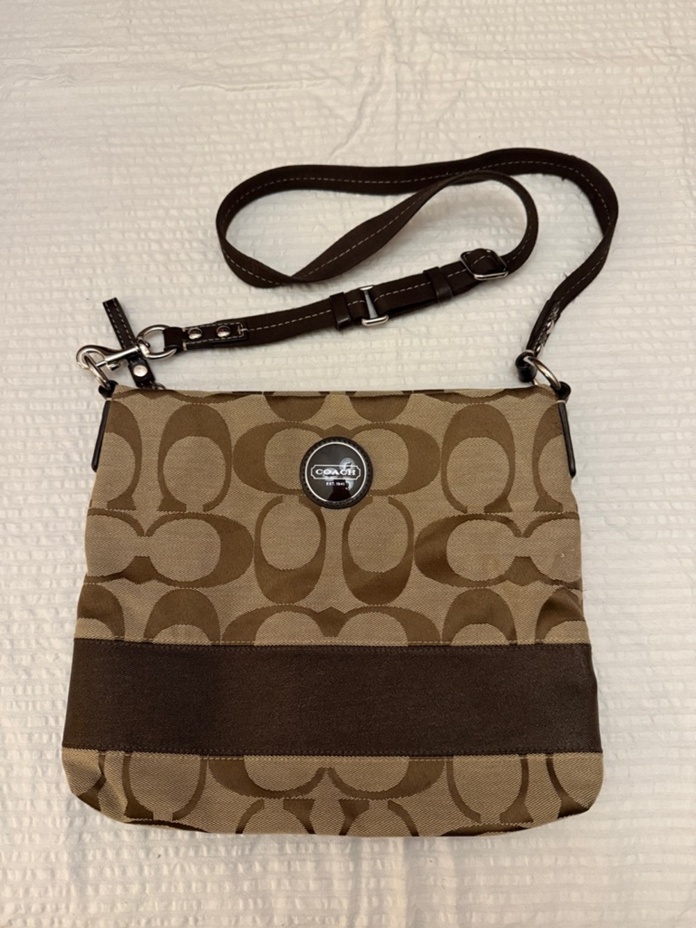 COACH Brown Signature Stripe Canvas Crossbody Bag